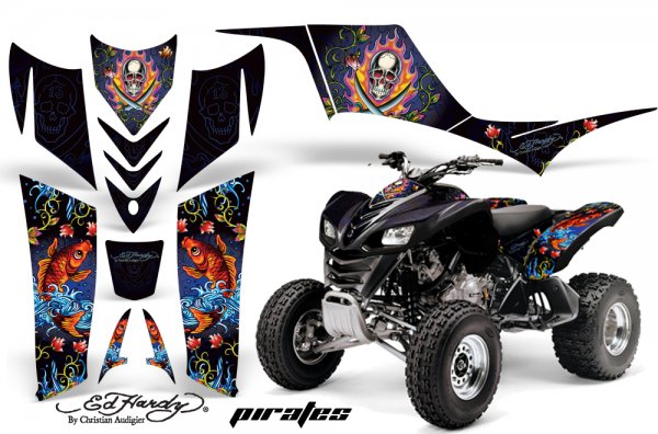 Grafik Kit Dekor Ed Hardy Pirates Kawasaki KFX 700 Quad ATV Graphic Kit