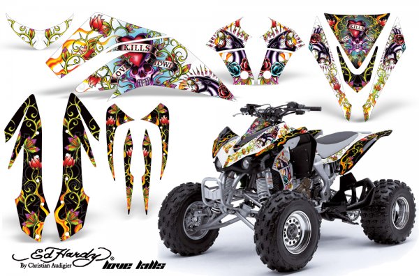 Grafik Kit Dekor Ed Hardy Love Kills Kawasaki KFX 450 Quad ATV Graphic Kit